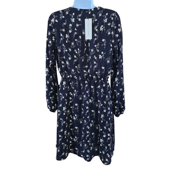 Floral Print Dress Lace Trim V-Neck Long Sleeve Navy & White fairycore flowers - Picture 2 of 8